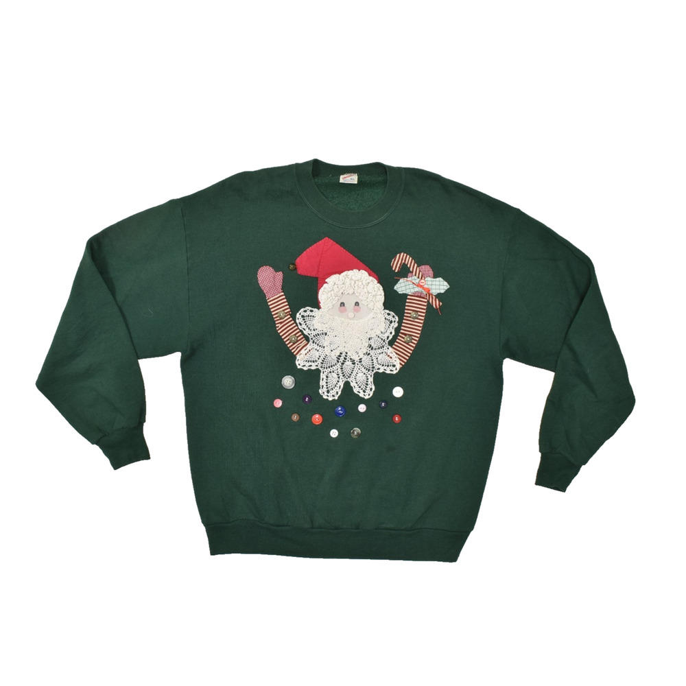 Vintage Jerzees Santa Claus Christmas Sweatshirt XL Green Lace Doily Applique Ma